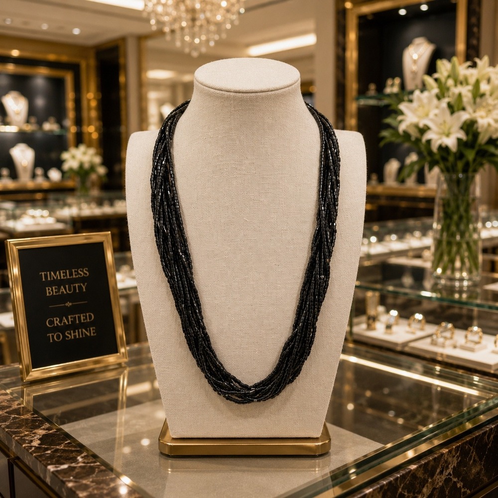 Vintage Black Multi Strand Seed‎ Bead Necklace Boho Minimalist Statement 20"